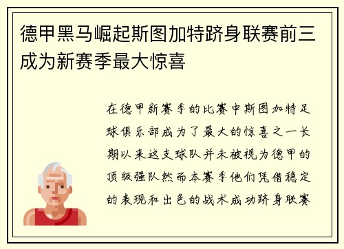 德甲黑马崛起斯图加特跻身联赛前三成为新赛季最大惊喜