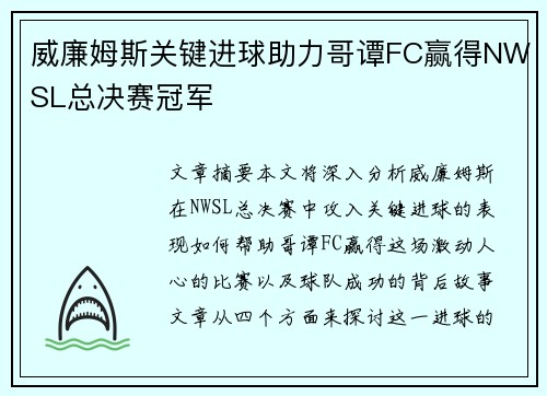 威廉姆斯关键进球助力哥谭FC赢得NWSL总决赛冠军 威廉姆斯关键进球助力哥谭FC赢得NWSL总决赛冠军